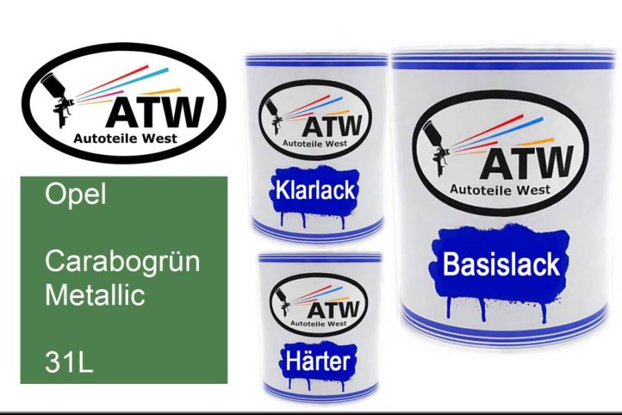 Opel, Carabogrün Metallic, 31L: 1L Lackdose + 1L Klarlack + 500ml Härter - Set, von ATW Autoteile West.